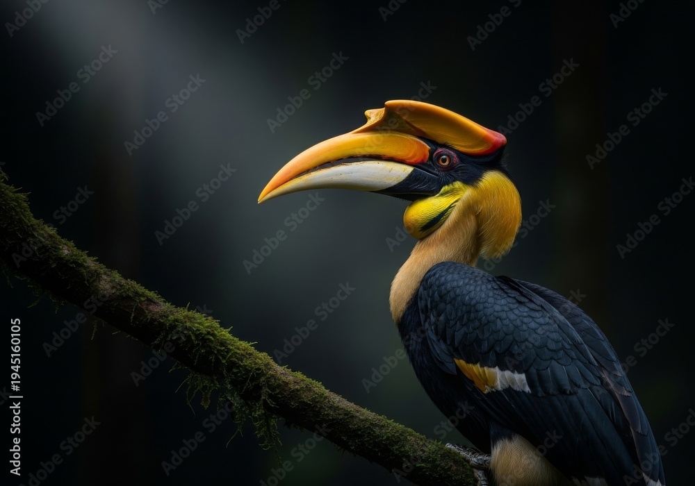 Obraz premium A commanding portrait of the Rhinoceros Hornbill, one of Southeast Asia’s most iconic birds. The glowing casque contrasts boldly against the darkness, representing tropical majesty and conservation aw