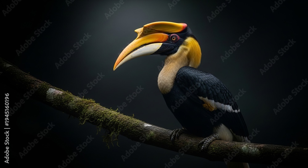 Fototapeta premium A majestic Rhinoceros Hornbill portrayed in dramatic low light, its iconic casque glowing under a focused spotlight. Set against a nearly black rainforest background, the image radiates authority, rar