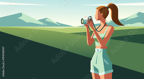 A serene vector illustration of a young woman capturing a scenic landscape with her camera