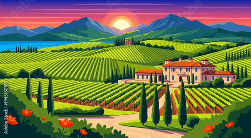 Beautiful Tuscan Villa Surrounded by Vineyards at Sunset A Vector Illustration