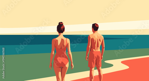 Couple enjoying a serene beach vacation, vector illustration of a man and woman walking on the shore during sunset