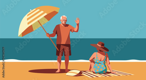 A charming vector illustration depicting a senior couple enjoying a sunny day at the beach under an umbrella, representing leisure and retirement