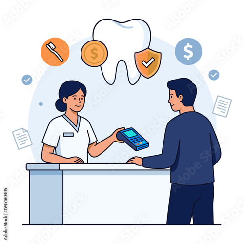 A woman hands a man a bill at a counter with a tooth and money symbols.