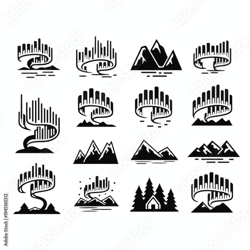 Black and white mountain landscape icons.