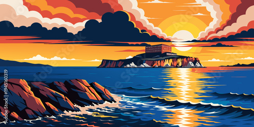 Bild auf Leinwand Alcatraz Island Dramatic Sunset Skyline Illustration