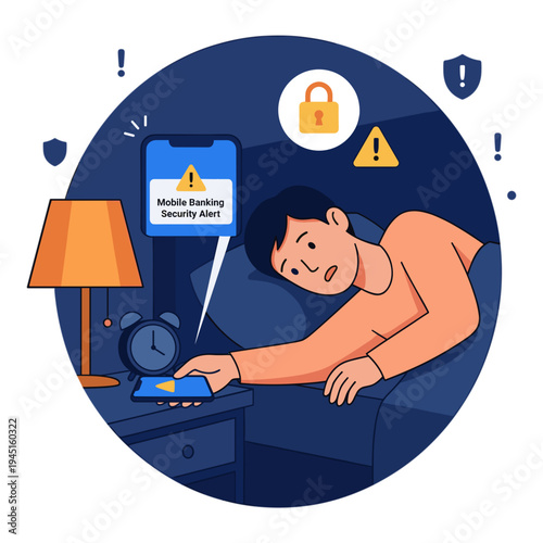 Man Receives Mobile Security Alert While Sleeping Beside Bedside Table at Night
