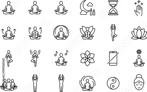Yoga and meditation flat design vector icon set with poses, lotus, chakra, and wellness symbols scalable illustration