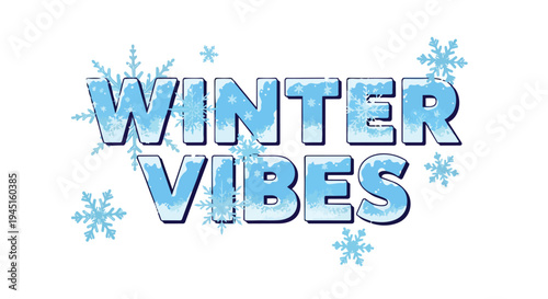 Captivating graphic displaying "Winter Vibes" in vibrant, frosty blue text, elegantly adorned with various stylized snowflakes on a clear white