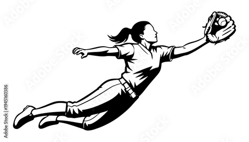 A female baseball player silhouette illustration in mid air catch