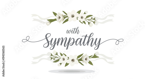 A serene visual expression of compassion featuring elegant cursive typography for 'with sympathy', framed by delicate white floral arrangements and