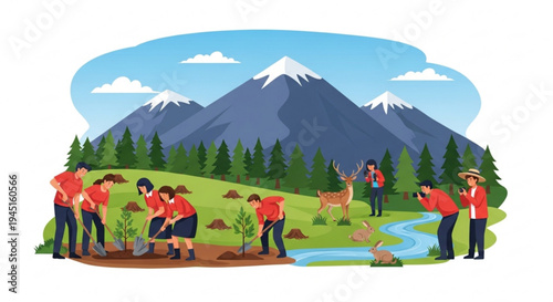 Group of people planting trees in a scenic mountain landscape with a stream and deer