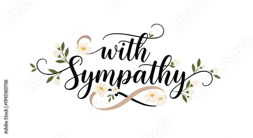 A beautifully crafted design conveying deep empathy and solace through intricate script and soft, blooming white flowers on a clean background for