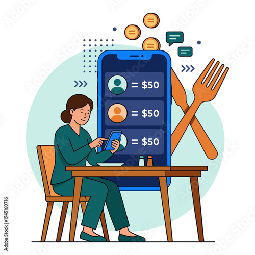 Woman sitting at table with phone showing money equals food delivery concept