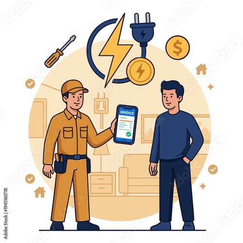 Electrician shows app to homeowner with energy cost and tools nearby indoors