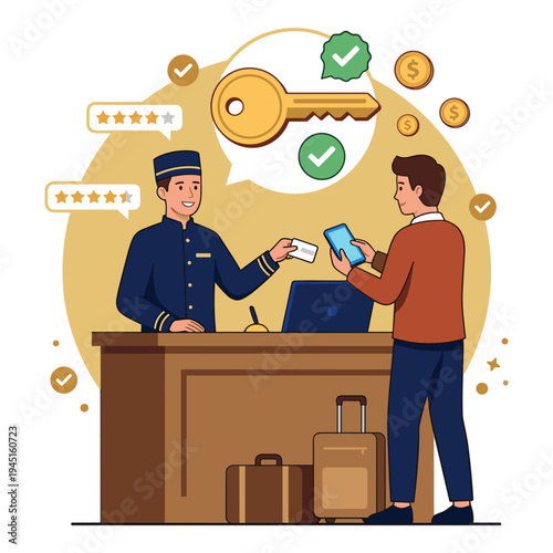 Man hands over payment and receives key from hotel staff at reception desk