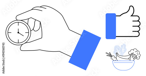 Time management. A hand holding a clock symbolic of efficient time use, a thumbs-up, and a bowl of healthy vegetables. Time management promoting health, organization, productivity. For wellness