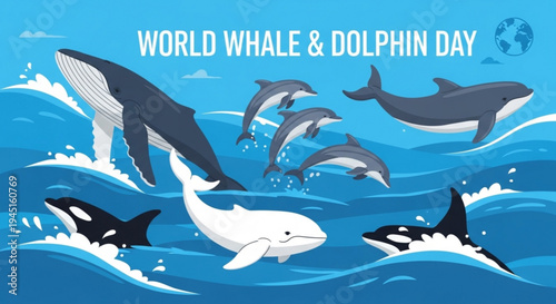 Whales and dolphins swimming together in ocean waves on world whale dolphin day marine life celebration