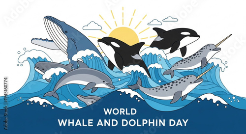 Marine mammals celebrate world whale and dolphin day with playful ocean waves and sunny sky