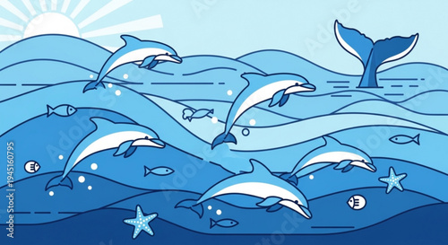 Dolphins swimming playfully in ocean waves with sunlight shining through surrounded by fish and sea stars in a serene aquatic scene