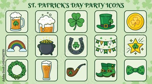 Collection of Festive Green Irish Celebration Icons for Lucky Charm Day Designs – Vector Symbols for Holiday Decorations and Event Graphics