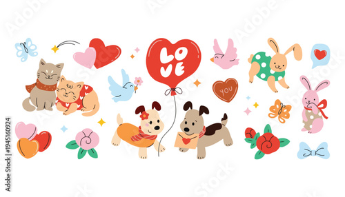Love sticker set with cute animals and heart balloons illustrations