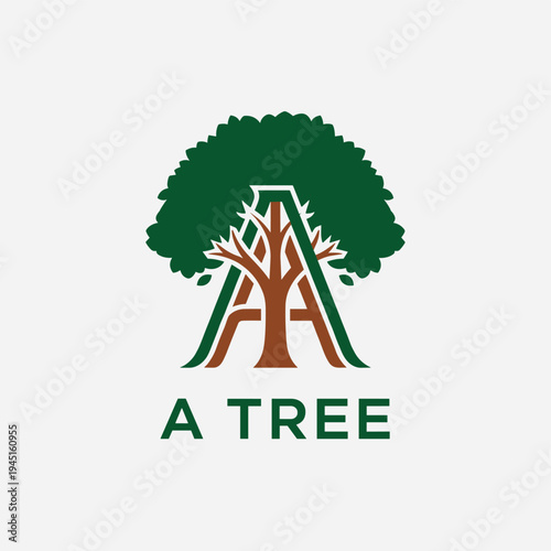 Creative Green and Brown Tree Forming Letter A with 'A TREE' Text Logo, isolated white background