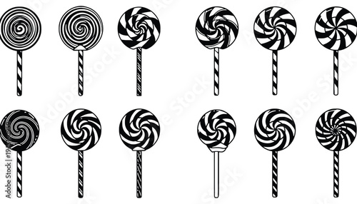 Lollipop vector icons set of black and white swirly candy illustrations