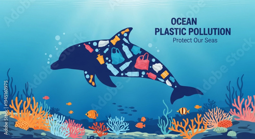 Dolphin with plastic pollution in ocean coral reef protect our seas environmental conservation concept