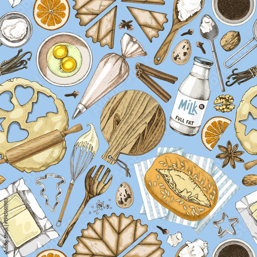 Seamless pattern with baking tools and ingredients