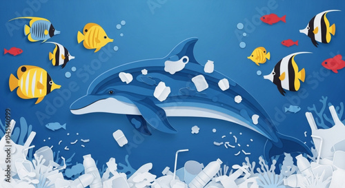 Dolphin swims through ocean pollution surrounded by colorful fish and plastic debris in water
