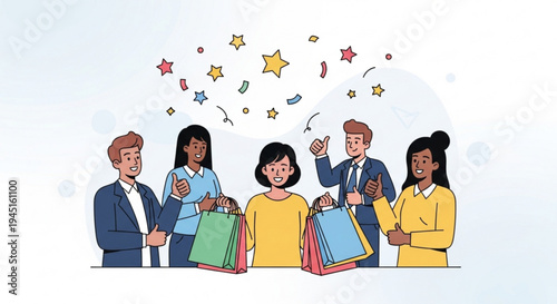Diverse group of happy people shopping together with colorful bags and stars