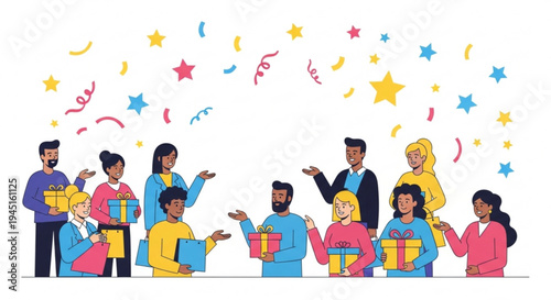 Diverse group of people celebrating with gifts and colorful confetti in festive atmosphere