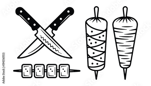Knife vector icon with kebab skewers and cutlery illustration