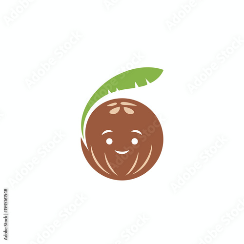 A cartoon coconut with a leaf sprouts from its top, smiling cheerfully