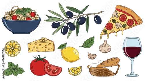 A delicious Italian meal with pizza, pasta, wine, and fresh ingredients on a table indoors.