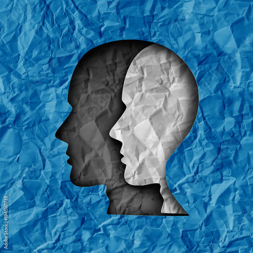 Bipolar Disorder as a mental health disease with recurring shifts between periods of elevated happy mood and periods of depression and sadness as a head shape made of paper symbol as a psychology and 