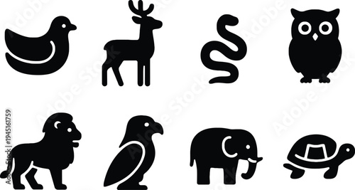 Set of 8 wild animal icons including owl, deer, elephant, lion, turtle, rooster, and pig in black flat design vector illustration