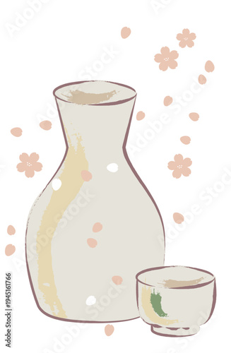 桜の花びらが舞う徳利とおちょこのイラスト