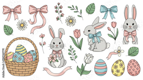 Easter bunnies with decorated eggs and flowers in a basket