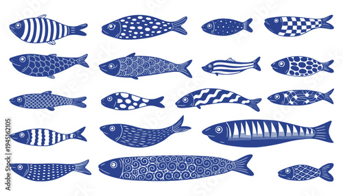 Fish icon set with various patterns and designs in blue color
