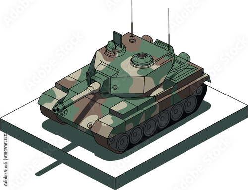 Isometric camouflaged military tank illustration, armored combat vehicle with cannon turret, army battlefield defense equipment technology concept