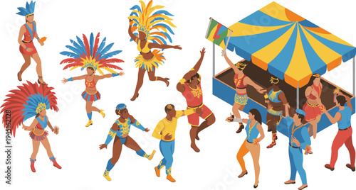 Isometric Brazilian carnival festival illustration, samba dancers with vibrant costumes and parade stage, Rio cultural celebration entertainment concept