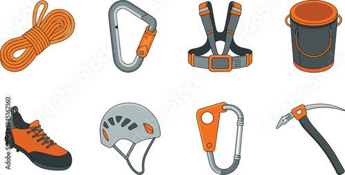 Isometric climbing equipment illustration set, mountaineering gear collection with rope carabiner harness helmet boots ice axe and bucket