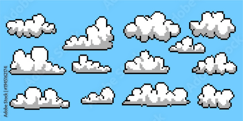 Collection of pixel clouds vector for retro video game skies. Ideal for symbolizing 8-bit weather, arcade style nature, and nostalgic digital backgrounds.
