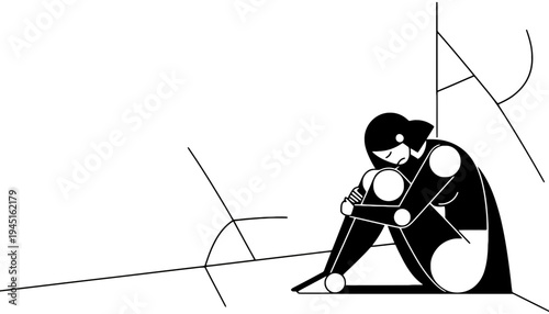 A sad woman sitting alone in a minimalist geometric illustration style