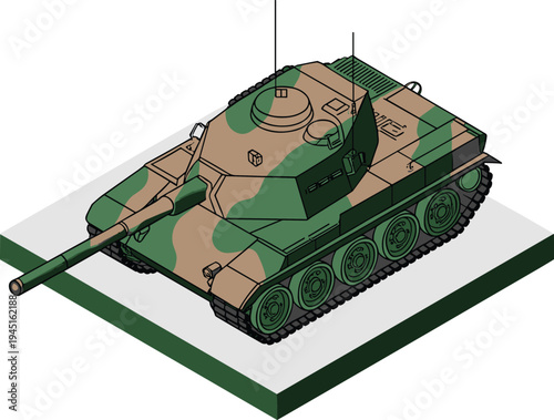 Isometric military battle tank illustration, camouflaged armored combat vehicle with cannon turret, army defense technology battlefield concept