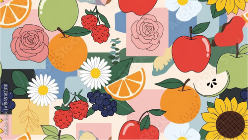 Vibrant still life composition with assorted fruits and flowers on display