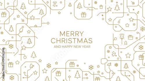 Golden Christmas icons decorate a festive holiday background with Merry Christmas message and Happy New Year