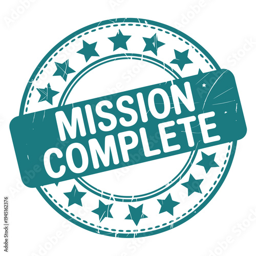 A teal and white circular stamp declaring mission complete with stars