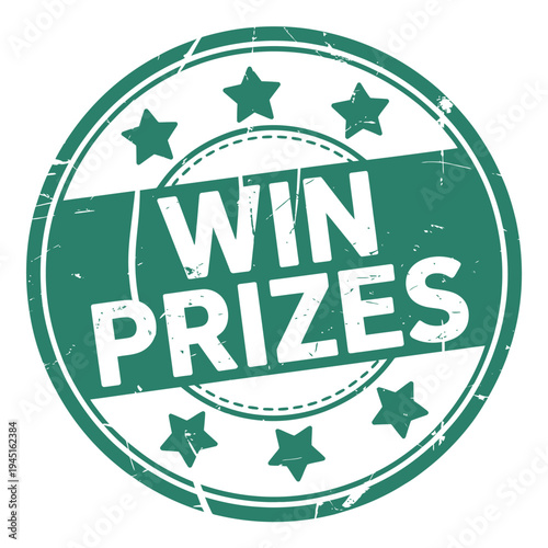 A distressed green circular stamp displaying the word win prizes with stars